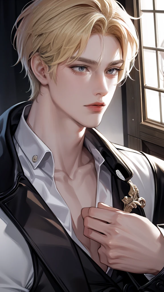 boy with blond hair、glare、gothic fashion
