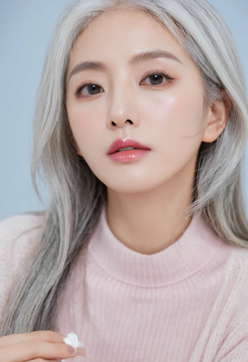 masterpiece, Amazing girl, Night Moon Full Moon, 1 female, Mature woman, elder sister, Royal elder sister, cold noodle, Poker face, Silver-white hair woman, Light pink lips, calm, Intellectuals, Three-banded grey eyes, Assassin's Dagger, Flower ball background, Card Details, Finger details, Facial details, Eye details,
