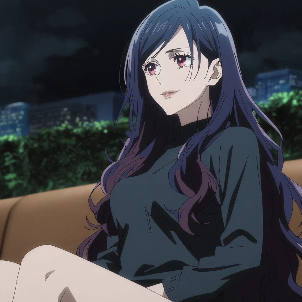 1girl, female gojo satoru, anime screencap from jujutsu kaisen, gojo satoru female version, solo, very long_hair, ((smooth texture hair)) ((red eyes)), ((very long wavy Dark blue_hair)) night view, breasts, upper_body, smile, bangs, lips (( very long wavy hair, swept bangs)) wearing black color sweater, breast, "very detailed and high resolution" (red eyes)  ((smooth texture hair)) ((solo)) ((high resolution)) ((upper body)) (Good quality) , (sitting) ((dark blue hair colour))