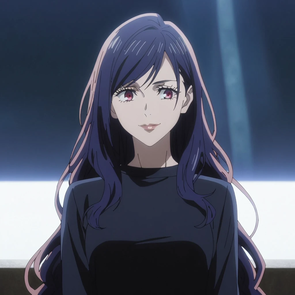 1girl, female gojo satoru, anime screencap from jujutsu kaisen, gojo satoru female version, solo, very long_hair, ((smooth texture hair)) ((red eyes)), ((very long wavy Dark blue_hair)) night view, breasts, upper_body, smile, bangs, lips (( very long wavy hair, swept bangs)) wearing black color sweater, breast, "very detailed and high resolution" (red eyes) ((smooth texture hair)) ((solo)) ((high resolution)) ((upper body)) (Good quality) , (sitting) ((dark blue hair colour))