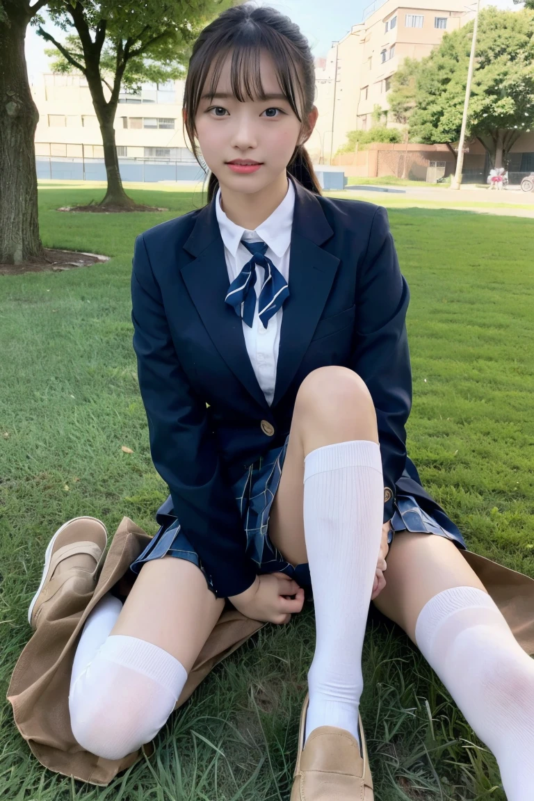 high detail、high quality、8K Photo、Japanese high school girls、In uniform、(Brown blazer、Blue checked pleated skirt、Navy blue knee socks、Brown Loafers、ponytail、Double eyelids、White panties)、Sitting on the grass