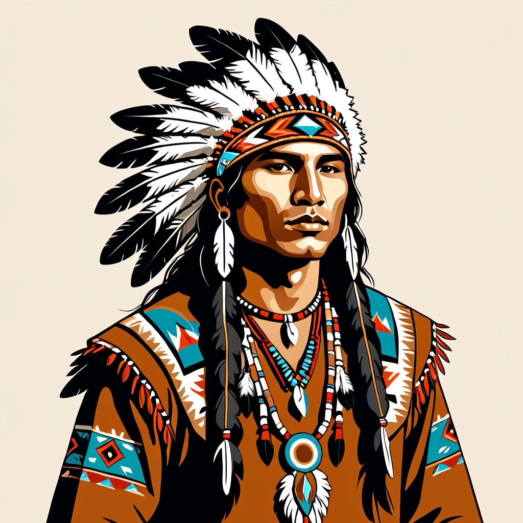 man in native american folk outfit, vector graphics, strong contours