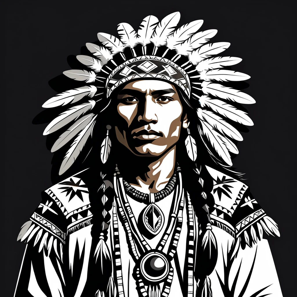 man in native american folk outfit, vector graphics, strong contours
