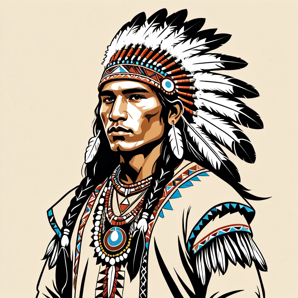 man in native american folk outfit, vector graphics, strong contours