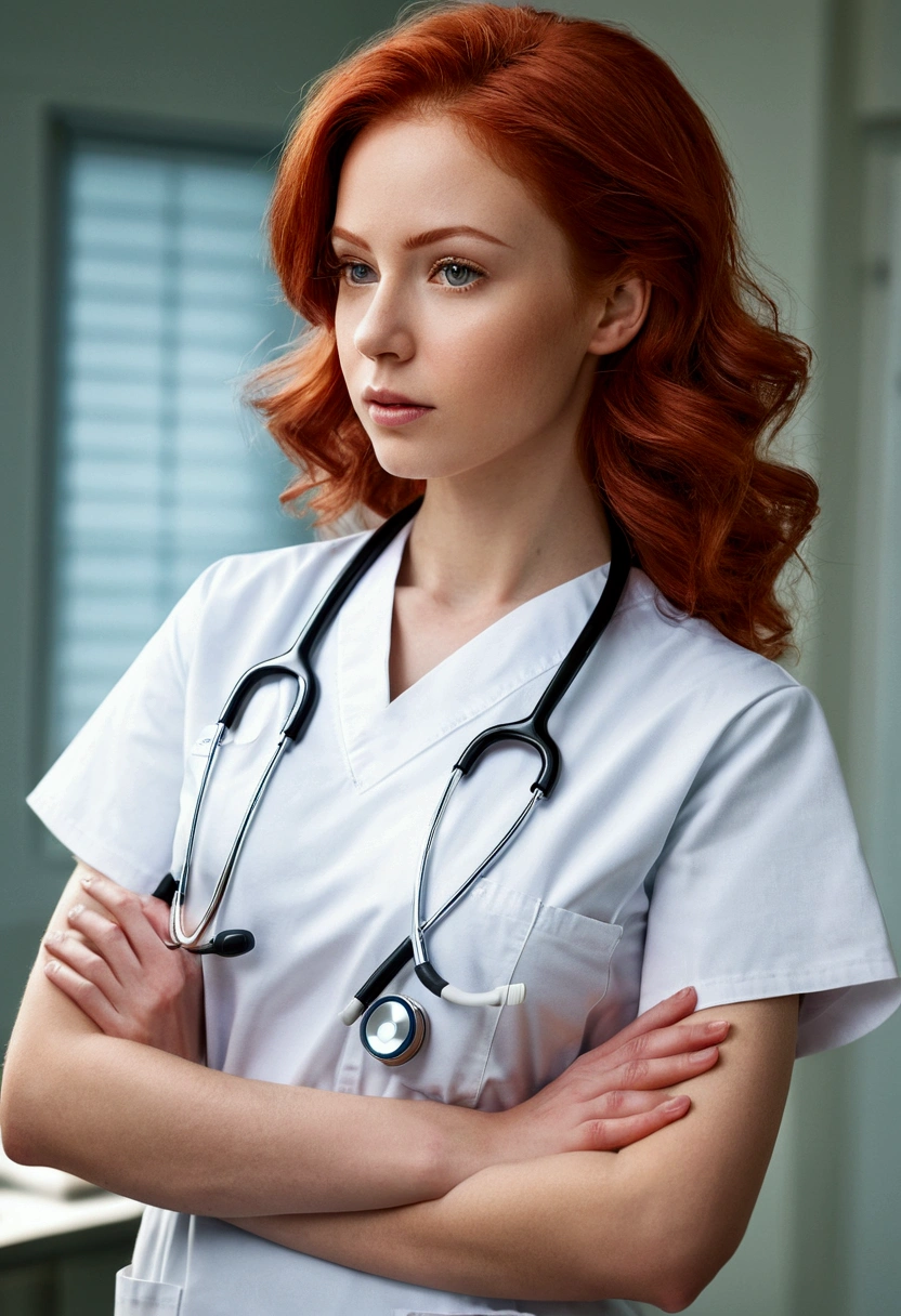 Beautiful woman, cute,sexy, 35 years old, sexy, old woman, freckles on face, freckly chest, Big saggy  long droopy mature Breasts:1.5, nurses uniform, buttons undone, nurse hat, Curly copper colored hair bunches, loop earrings, cute hair, Rosey cheeks,  hospital patients private room, kneeling on a bed, other patient in bed topless 
