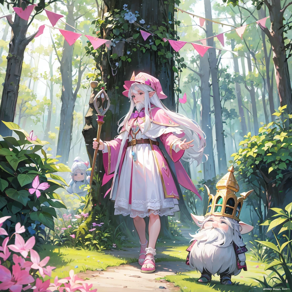 Draw a Gnome with a pink butterfly net, a white hat, with a long beard and white hair with a green cape that covers him to his feet and in front of a knight in silver armor about to confront each other