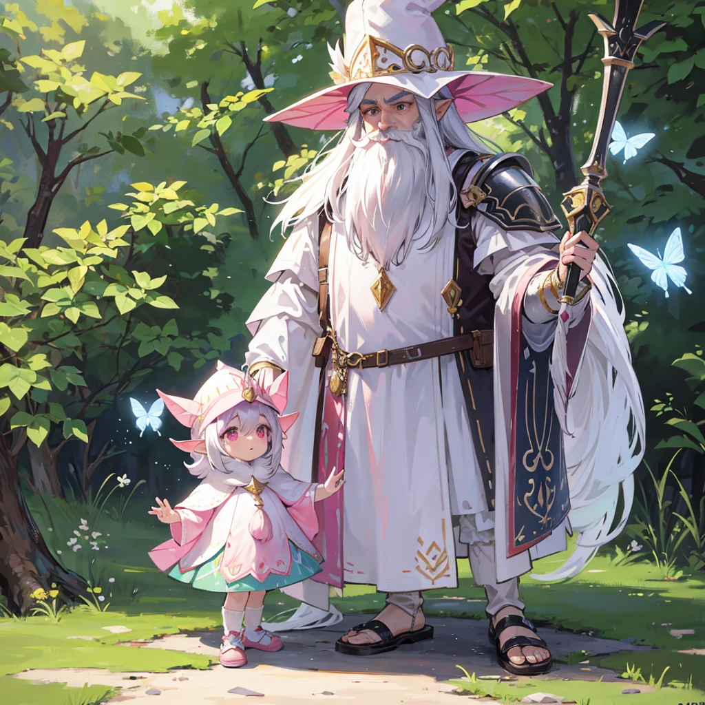 Draw a Gnome with a pink butterfly net, a white hat, with a long beard and white hair with a green cape that covers him to his feet and in front of a knight in silver armor about to confront each other