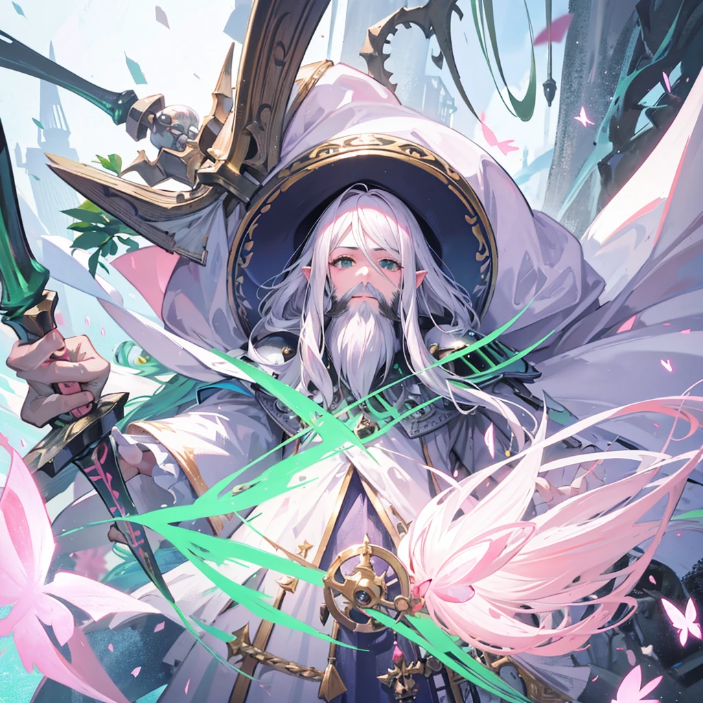 Draw a Gnome with a pink butterfly net, a white hat, with a long beard and white hair with a green cape that covers him to his feet and in front of a knight in silver armor about to confront each other