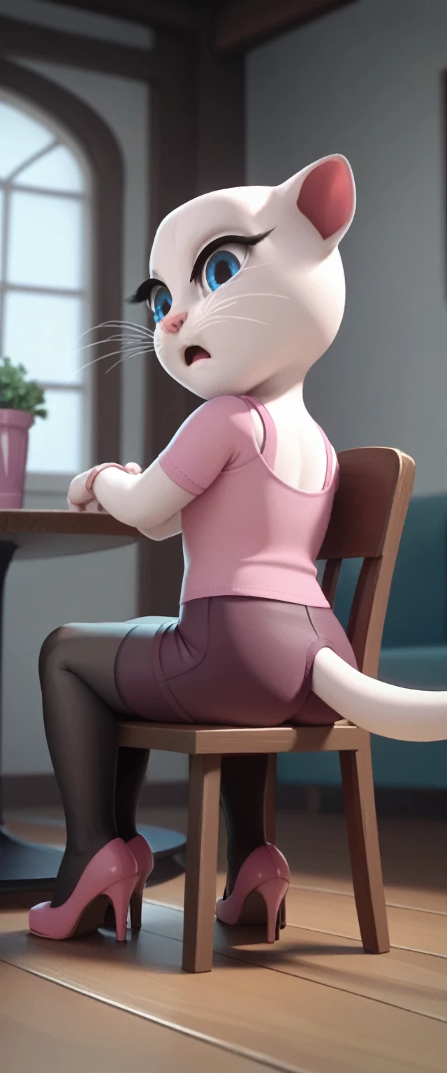 solo focus, a_la, 1girl, cat, white fur, long whiskers on both sides of the face, big bright blue eyes, big black eyelashes, pink nose, triangular ears with pink channels, black tights with pulled-down heels. rear view. She sits on his lap in the chair, keeping her legs together. legs, folded.legs crossed, double penetration, screaming.anal, lying, at home, looking back, big penis, 1 male rape, Score_9, Score_8_up, Score_7_