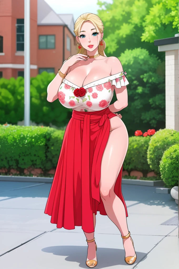 An extremely beautiful busty woman with gold blonde long silky hair, blue oceanic eyes, extremely super bright snow white fair stunning flawless glowing lush shiny white skin, and complexion, a perfect tight hourglass figure, a thick plump ass, cleavage, and perfect hips, wearing a short sexy loose revealing white floral dress with red flower patterns along with a red sash around the waist and a light brown off-shoulder cardigan, yellow heels, jewelry on the neck, gold bangles on her wrist, and anklets on her legs, gold earrings, a cute adorable smile, pink puffy lips, pink nails, red rose on hair, standing straight, hands joined together, looking at the viewer, big garden in the background, day time, show full body from head to feet.