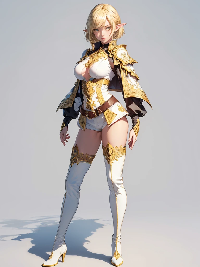 ((1girl, solo)), (full body:1.5), dark elf, dark-skinned female, (((pointy ears))), beautiful body, (perfect anatomy, perfect body, perfect hands, perfect legs), (five fingers:1.5), natural proportions, sexy body, large breasts, cowboy shot, hand on hip BREAK
((extremely detailed face)), (beautiful detailed eyes:1.6), (realistic pupils, realistic iris:1), expressive eyes, looking at viewer, (clear eyes:1.3), (hyperrealistic:1.2), (detailed skin texture:1.2), smooth skin, (yellow eyes:1.5), (blonde hair:1.5), (short hair:1.3), bangs, (detailed lips:1.2), (attractive lips:1.1), (glossy lips:1.1), (smile), parted lips, perfect face, perfect eyes BREAK
fantasy outfit, ((black shirt)), long sleeves, (((white sleeves))), (skin tight:1.5), gold trimmed, fingerless gloves, black shorts, short shorts, belt, thighs, ass visible through thighs, black footwear, (thigh boots:1.5) BREAK
(masterpiece:1.5), anime-style, top quality, best quality, (beautiful and aesthetic:1.2), (ultra detail:1.5), Ultra-detailed depiction, Ultra-precise depiction, extremely detailed 8k illustration, high resolution, (highly detailed shading:1.2), (realistic lighting:1.4), perfect lighting, vibrant colors, dynamic tones, striking hues, 8k, absurd resolution, perfect shadows, hdr, UHD, ambient lighting, realistic, ultra-realistic, photo realistic, highly detailed, rich detail, luminous colors, fine texture, intricate design, professional illustration, (soft light:1.2), (illustration:0.7)