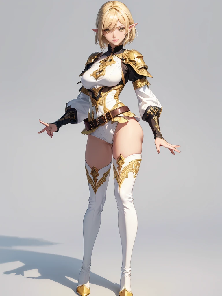 ((1girl, solo)), (full body:1.5), dark elf, dark-skinned female, (((pointy ears))), beautiful body, (perfect anatomy, perfect body, perfect hands, perfect legs), (five fingers:1.5), natural proportions, sexy body, large breasts, cowboy shot, hand on hip BREAK
((extremely detailed face)), (beautiful detailed eyes:1.6), (realistic pupils, realistic iris:1), expressive eyes, looking at viewer, (clear eyes:1.3), (hyperrealistic:1.2), (detailed skin texture:1.2), smooth skin, (yellow eyes:1.5), (blonde hair:1.5), (short hair:1.3), bangs, (detailed lips:1.2), (attractive lips:1.1), (glossy lips:1.1), (smile), parted lips, perfect face, perfect eyes BREAK
fantasy outfit, ((black shirt)), long sleeves, (((white sleeves))), (skin tight:1.5), gold trimmed, fingerless gloves, black shorts, short shorts, belt, thighs, ass visible through thighs, black footwear, (thigh boots:1.5) BREAK
(masterpiece:1.5), anime-style, top quality, best quality, (beautiful and aesthetic:1.2), (ultra detail:1.5), Ultra-detailed depiction, Ultra-precise depiction, extremely detailed 8k illustration, high resolution, (highly detailed shading:1.2), (realistic lighting:1.4), perfect lighting, vibrant colors, dynamic tones, striking hues, 8k, absurd resolution, perfect shadows, hdr, UHD, ambient lighting, realistic, ultra-realistic, photo realistic, highly detailed, rich detail, luminous colors, fine texture, intricate design, professional illustration, (soft light:1.2), (illustration:0.7)