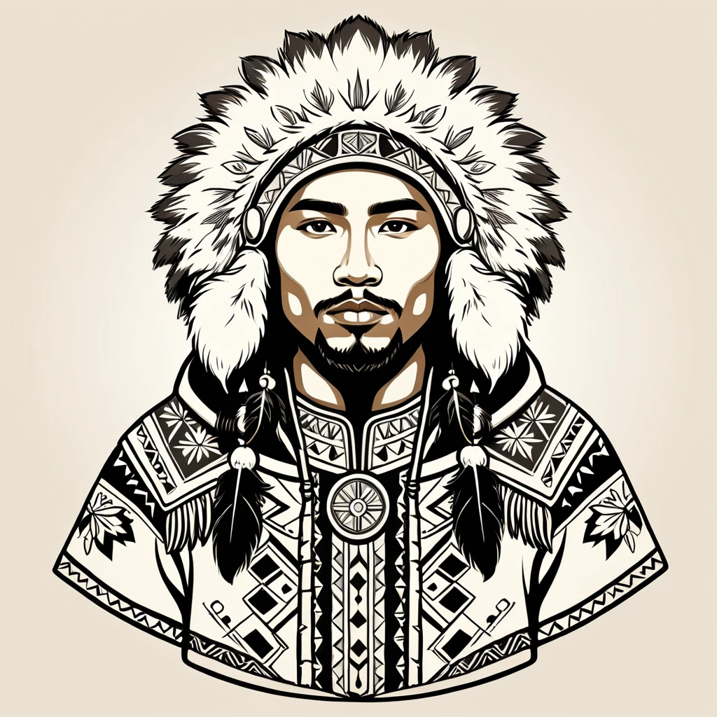 man in native eskimo folk outfit, vector graphics, strong contours
