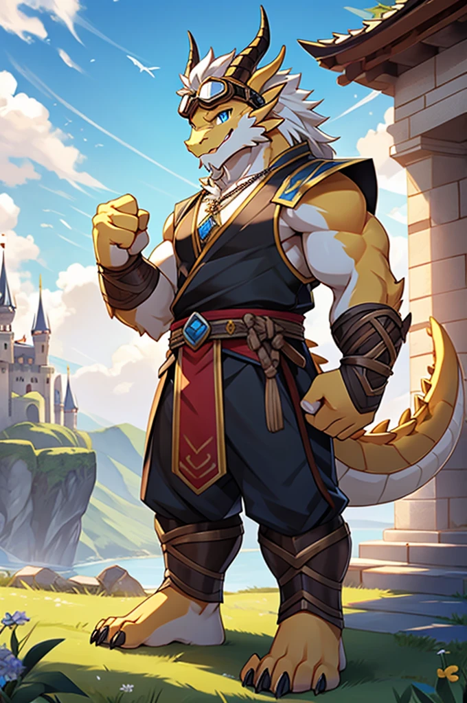 HD,noon,Blue sky,castle,grassland,Single player,Western dragon animal humanoid,hairy,young age,Cute face,Strong body,Male image,Full body standing,Short hair details,Western faucet,golden dragon horn,Golden beard,White jaw hair,Golden back hair,White belly hair,White mane extends from the top of the head to the tail,Thick and long dragon tail,White hair on the tip of the tail,Golden arm,Golden paws,Left Fist,Left Fist上附有闪电,The right hand naturally droops,The limbs are dragon claws,4 Gold Finger,4 golden toes,Pink pads on the palms and soles,,Lift one foot,Show your soles,Look to the left,A happy expression with tongue sticking out slightly,blue eyes ,Cute eyes ,Black vest,Expose the chest and abdomen,black rubber tights,Silver sapphire necklace,Wear goggles on your head,Metal combat gloves on hands,Wear a metal belt around your waist,permanent。