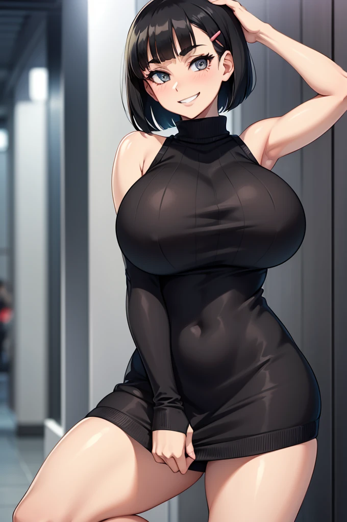 1 hot girl, dark hair, dark grey eyes, grin, gorgeous, kirigaya suguha, short hair, hairclip, sweater dress, sleeveless, bare legs, huge breasts