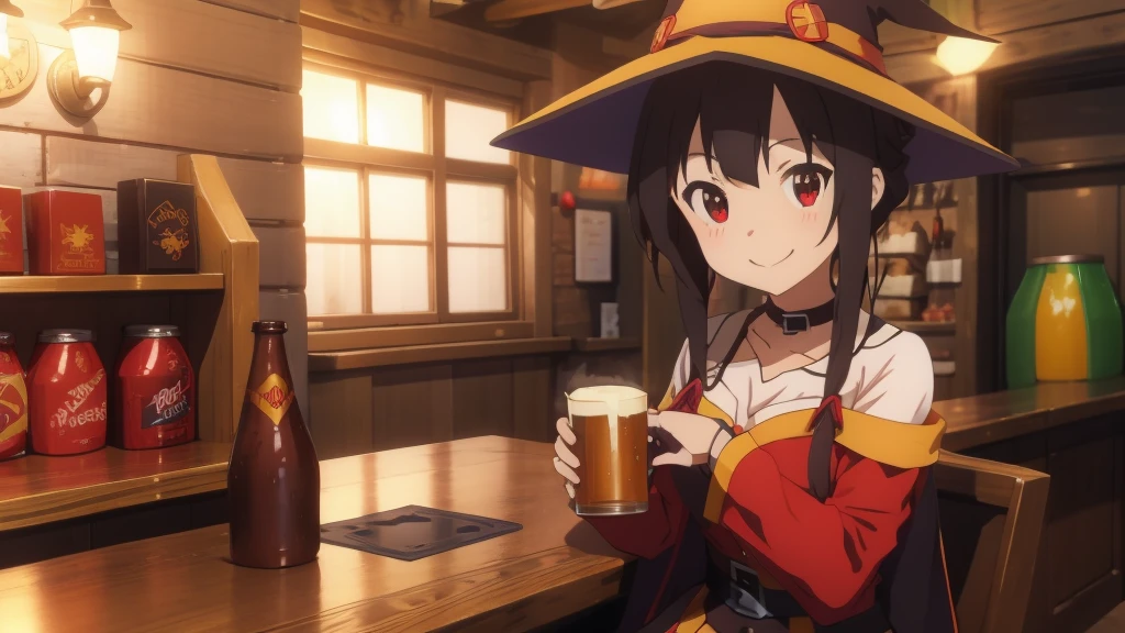 Megumin from the anime "Konosuba" is sitting at the tavern counter, looking very pleased and smiling happily. She is dressed in her usual outfit: a black cloak, a red robe, orange boots and a black wizard hat. She has shoulder-length dark brown hair and strangely dark crimson eyes. Megumi holds a large wooden mug with foamy beer.