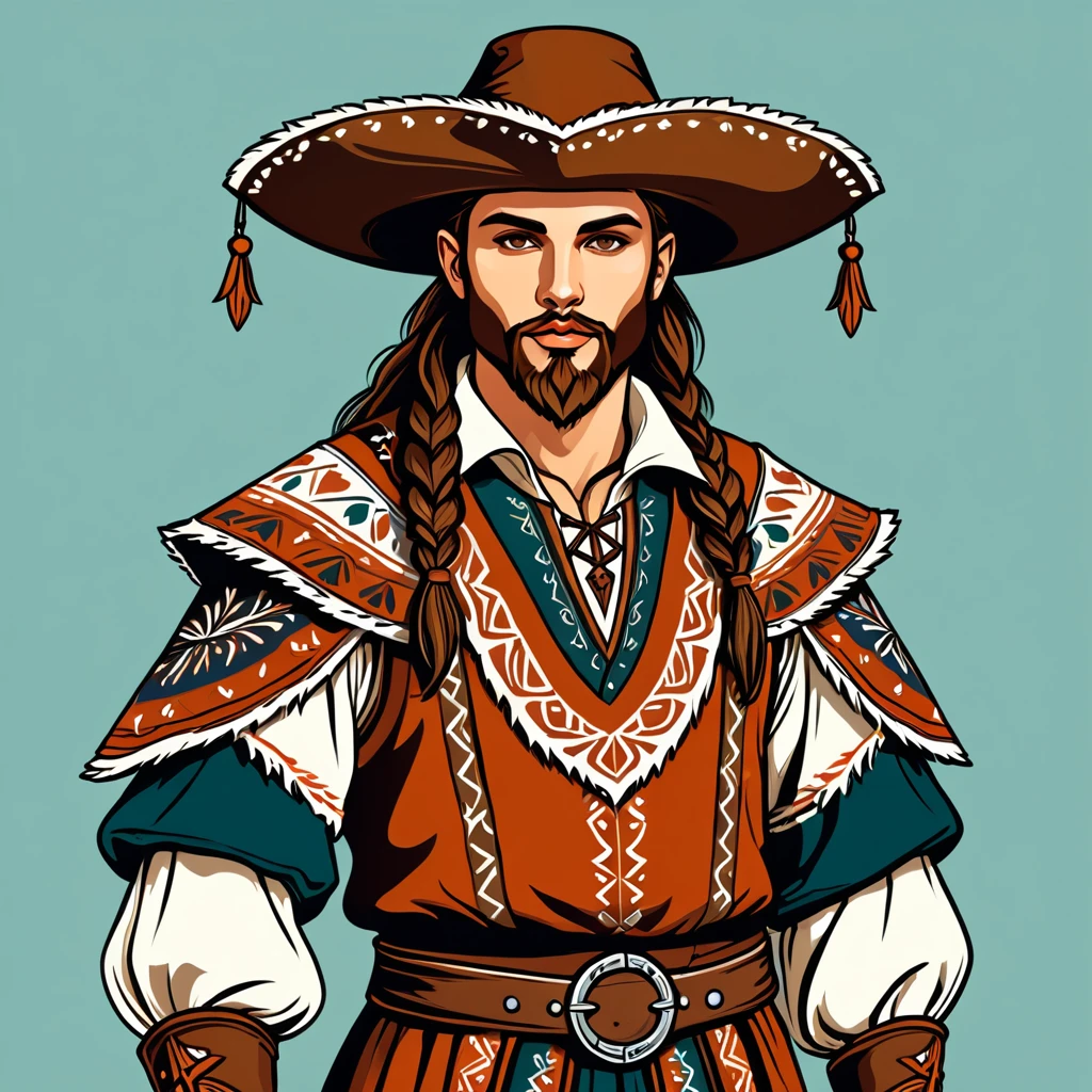 man in fantasy folk outfit, vector graphics, strong contours
