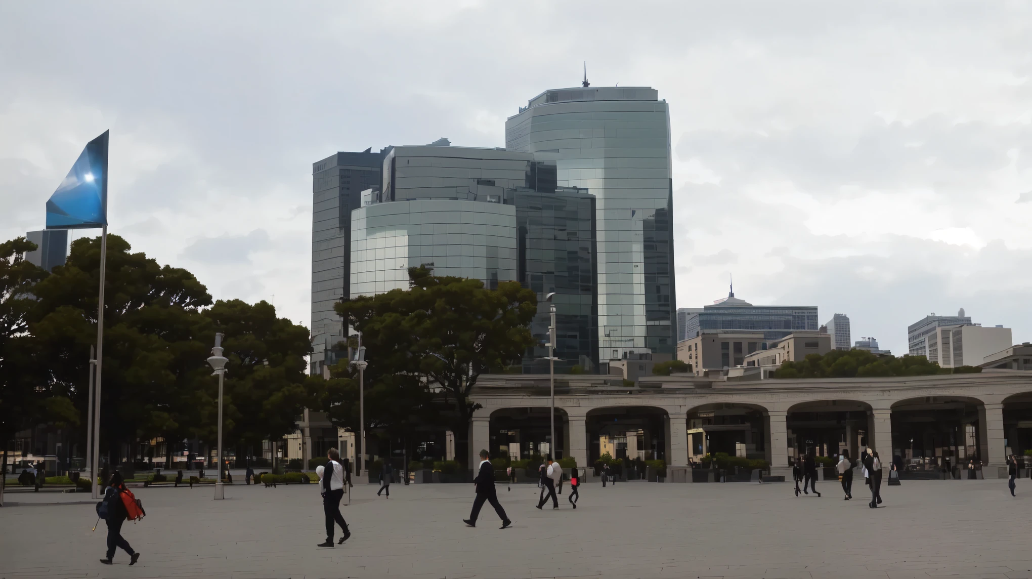 people walking through a square with some buildings in the background, capital square, epic buildings in the center, Round buildings in the background, In Chuquicamata, tall buildings in the background, modern buildings, clean and dense buildings, surrounding the city, with tall glass skyscrapers, City square, with shiny glass buildings, plaza
