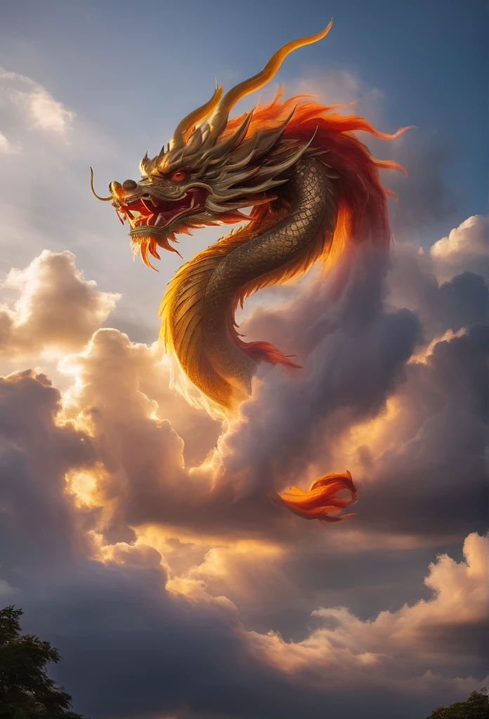 Cloud that looks like a Chinese Dragon illuminated by the rays of the setting sun