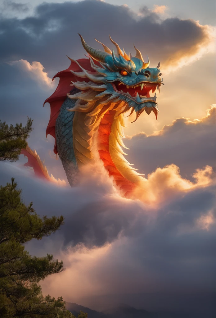 Cloud that looks like a Chinese Dragon illuminated by the rays of the setting sun