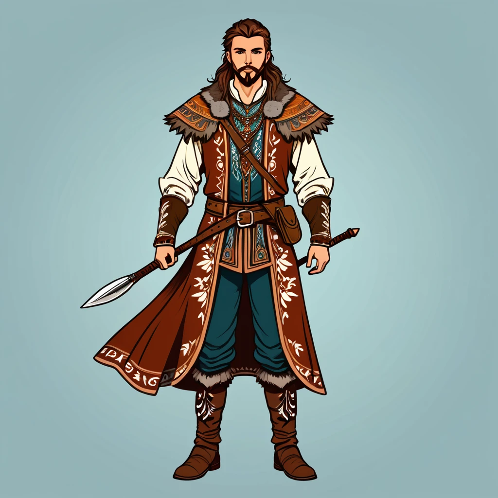 man in fantasy folk outfit, vector graphics, strong contours