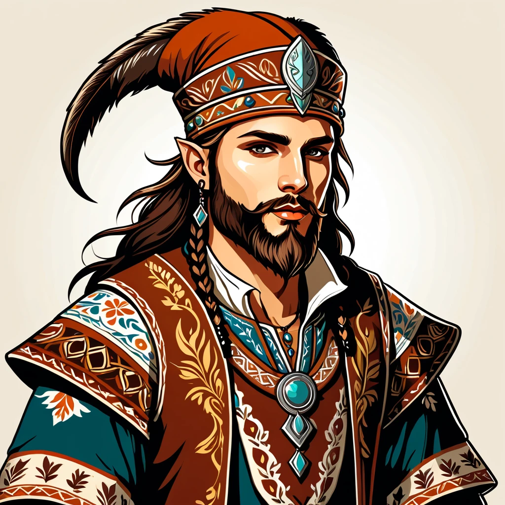 man in fantasy folk outfit, vector graphics, strong contours