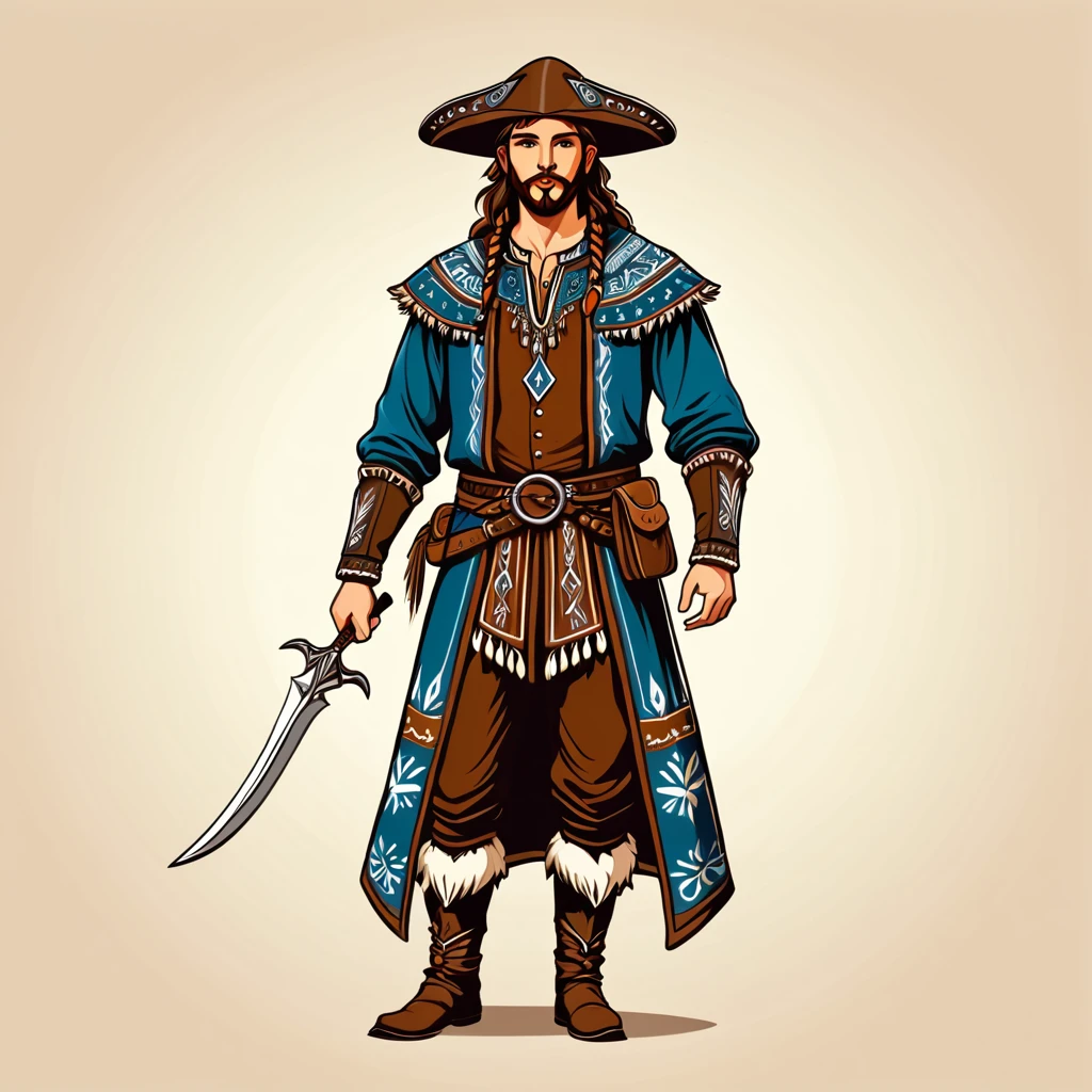 man in fantasy folk outfit, vector graphics, strong contours
