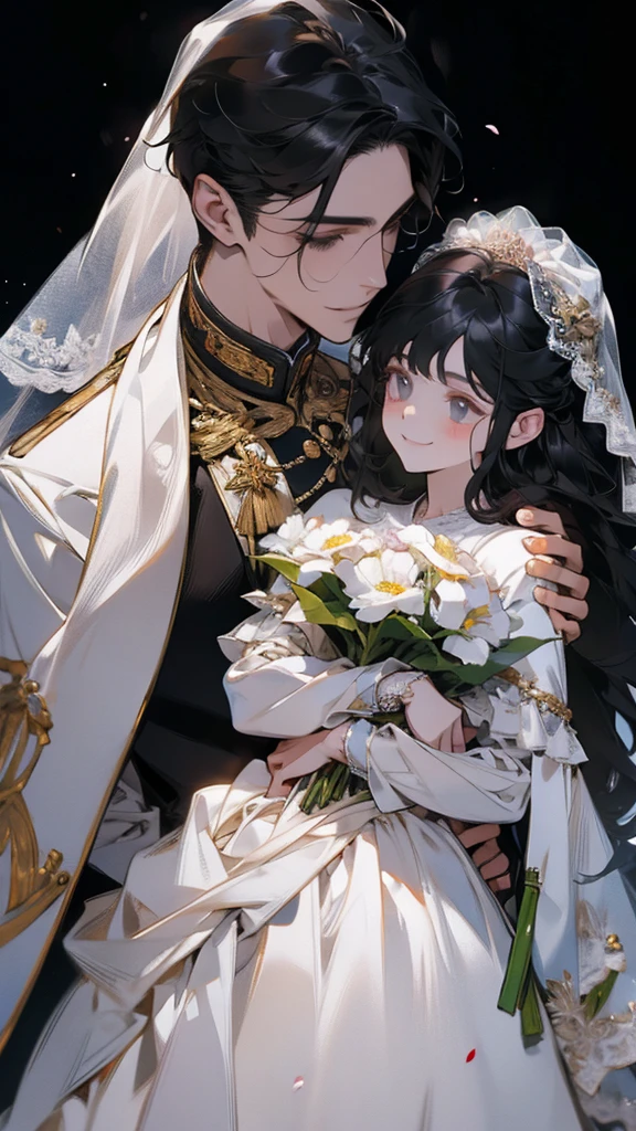 wedding,Bride in white wedding dress holding flowers,Smile,Perfect face,Black Hair,Perfect face,Full body portrait
