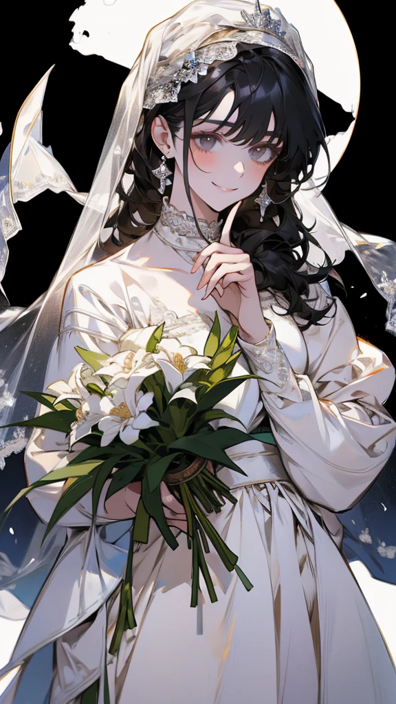 wedding,Bride in white wedding dress holding flowers,Smile,Perfect face,Black Hair,Perfect face,Full body portrait