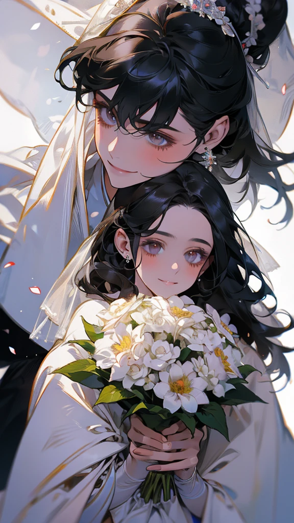 wedding，Bride in white wedding dress holding flowers，Smile，Perfect face，Black Hair，Perfect face，Full body portrait