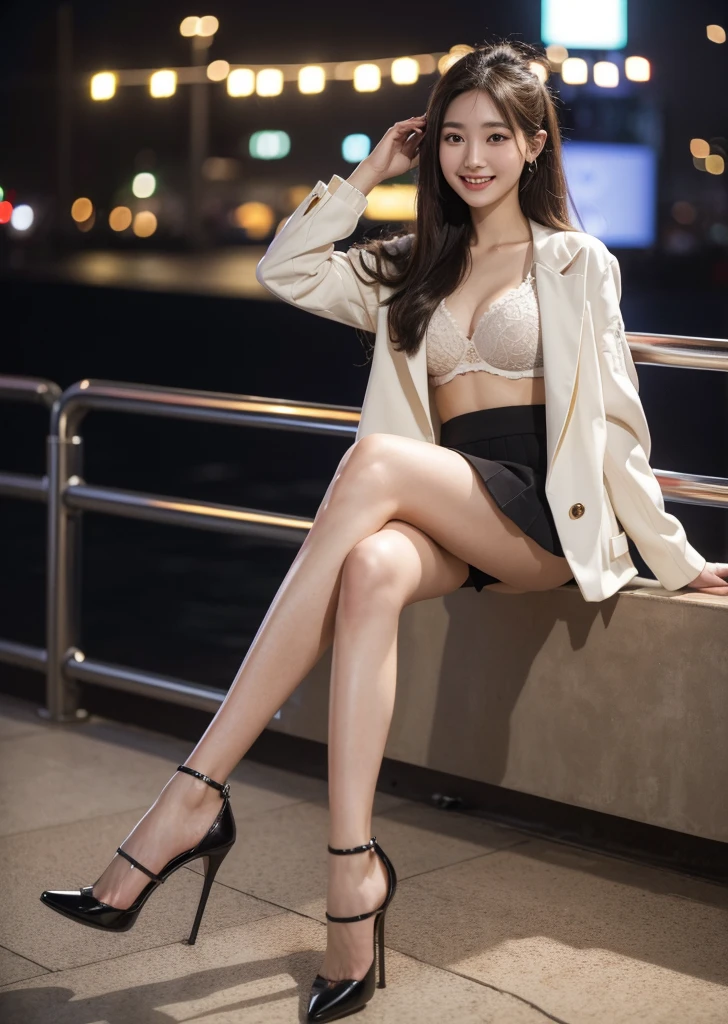 (in 8K、Raw photography、Highest Quality、realisitic、Photorealsitic、Professional Lighting、masterpiece、Extremely delicate and beautiful、Highly detailed、finely detail、ultra-detailliert、hight resolution、beautiful and detailed face、Textured skin、full-shot:2、low angles:1.5)、1girl in、Alone、Beautiful model standing alone、Beautiful face:1.5、short shiny red skirt,、Wet white panties:1.5、White Blazer、Long body、Hostess、22year old、Good posture、Straight spine、Brown curl long cut、White high heels、anklets、gyuru、a necklace、A bracelet、耳环、Hermès Accessories、Stairs at Shinjuku Station at night