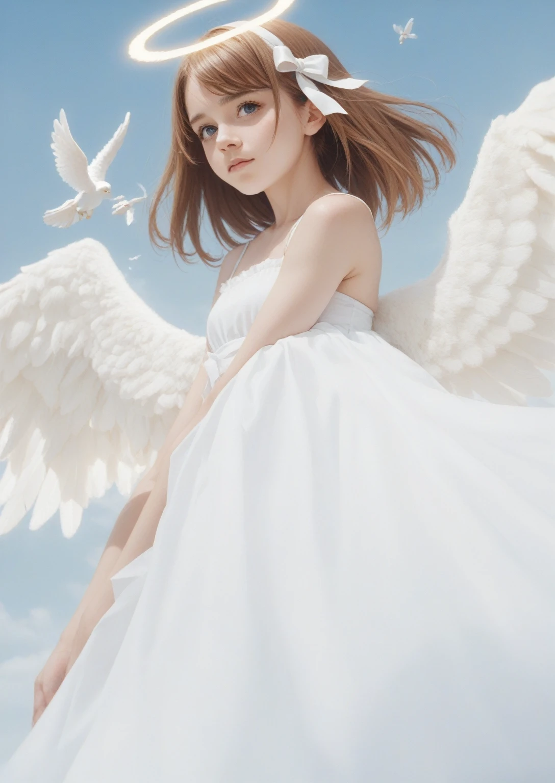 anime drawing of a young angel with a halo flying through the sky, haibane renmei, possibly an angel, an angel, young wan angel, angel girl, emma watson as an angel, sakura kinomoto, cardcaptor sakura, aya takano, angel, cherub, angelical, of an beautiful angel girl, winged girl angel, pixiv contest winner