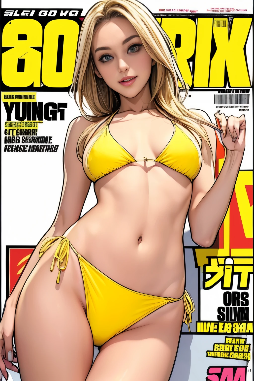 sports magazine cover, young european woman, (Chloe Toy), (slim:1.6), 25yo, ((yellow bikini)), (medium breasts:1.4), perfect body, smile, blonde, full body, thigh gap:1.4