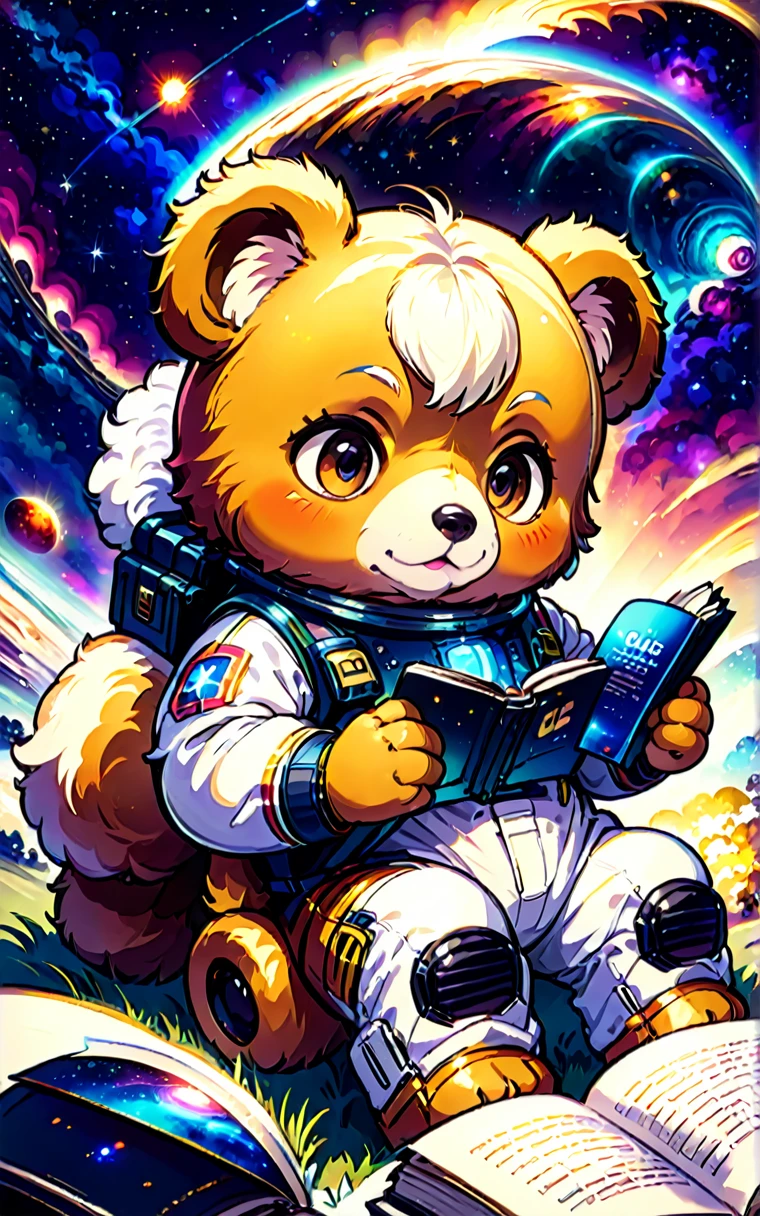 (Cute cartoon style:1.3), (Close up of cute bear lying down with a book in his hands), Wearing a space suit,Nice fur, Epic space scenery, Complex design , Masterpieces in up to 16K resolution, best quality, Extremely detailed, Cute bear lying down and reading a book in his hands.