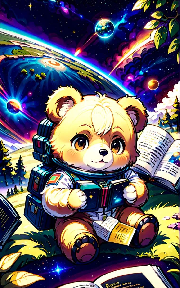 (Cute cartoon style:1.3), (Close up of cute bear lying down with a book in his hands), Wearing a space suit,Nice fur, Epic space scenery, Complex design , Masterpieces in up to 16K resolution, best quality, Extremely detailed, Cute bear lying down and reading a book in his hands.