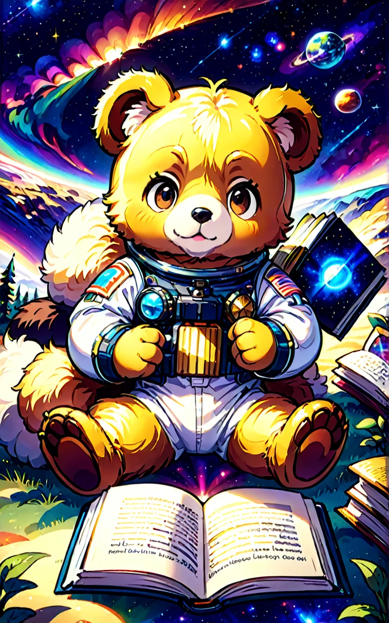 (Cute cartoon style:1.3), (Close up of cute bear lying down with a book in his hands), Wearing a space suit,Nice fur, Epic space scenery, Complex design , Masterpieces in up to 16K resolution, best quality, Extremely detailed, Cute bear lying down and reading a book in his hands.