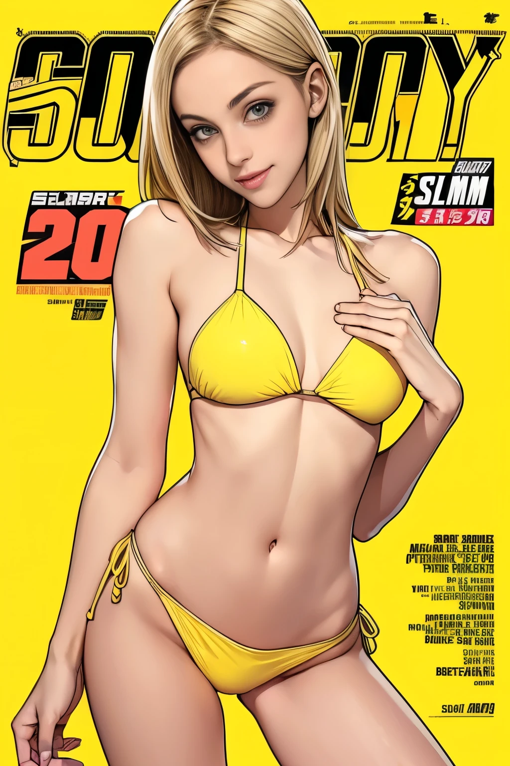 sports magazine cover, young european woman, (Chloe Toy), (slim:1.6), 25yo, ((yellow bikini)), (medium breasts:1.4), perfect body, smile, blonde, full body, thigh gap:1.4