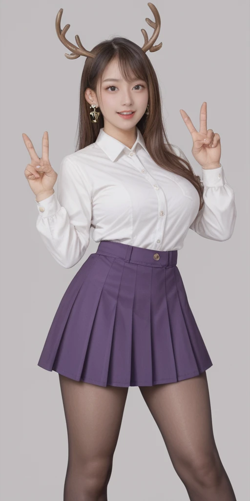 realistic,score_9, score_8_up, score_7_up,
1girl, stand, cowboy_shot, pantyhose, simple background, big breasts, Give a V victory sign,under boobElk antlers,Purple skirt,Wooden earrings