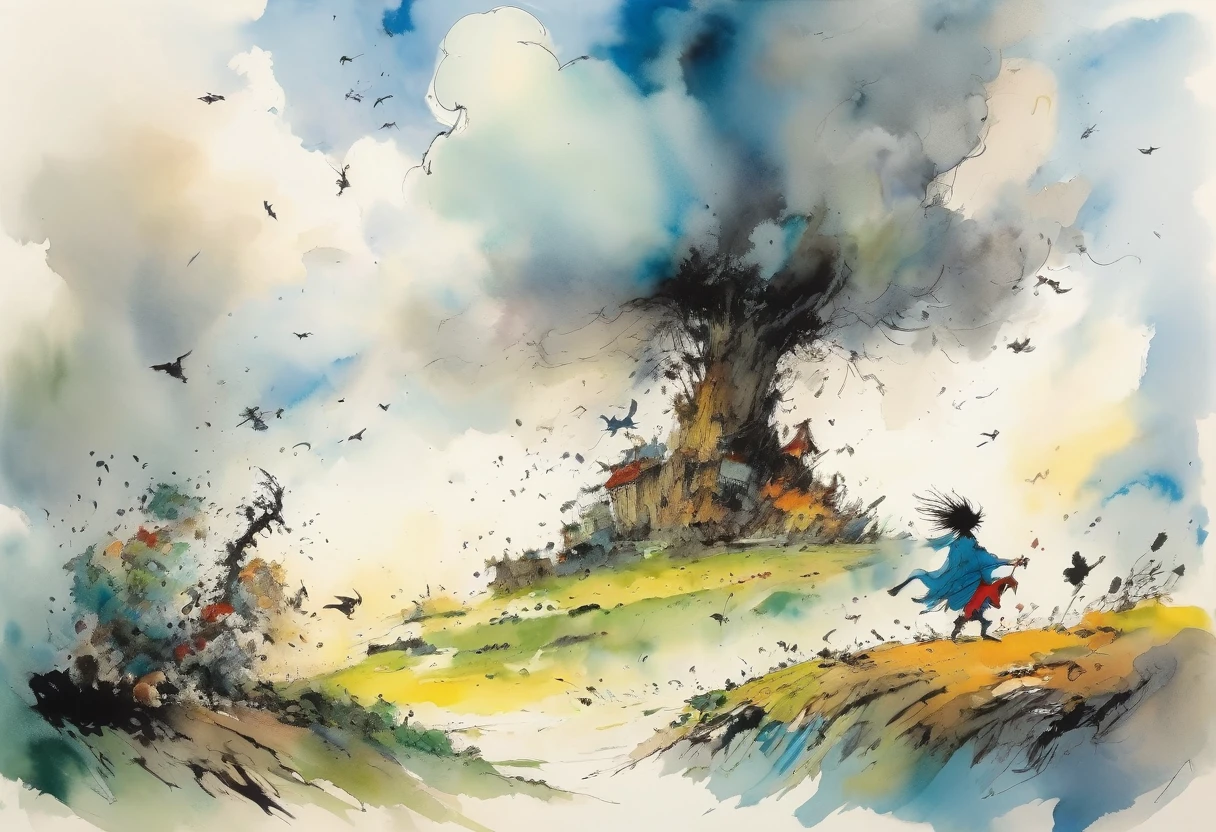 Quentin Blake style photos 、Wind God and Thunder God、Breaking through the clouds、Large、high resolution、Beautiful feces、Top quality、masterpiece、Very detailed