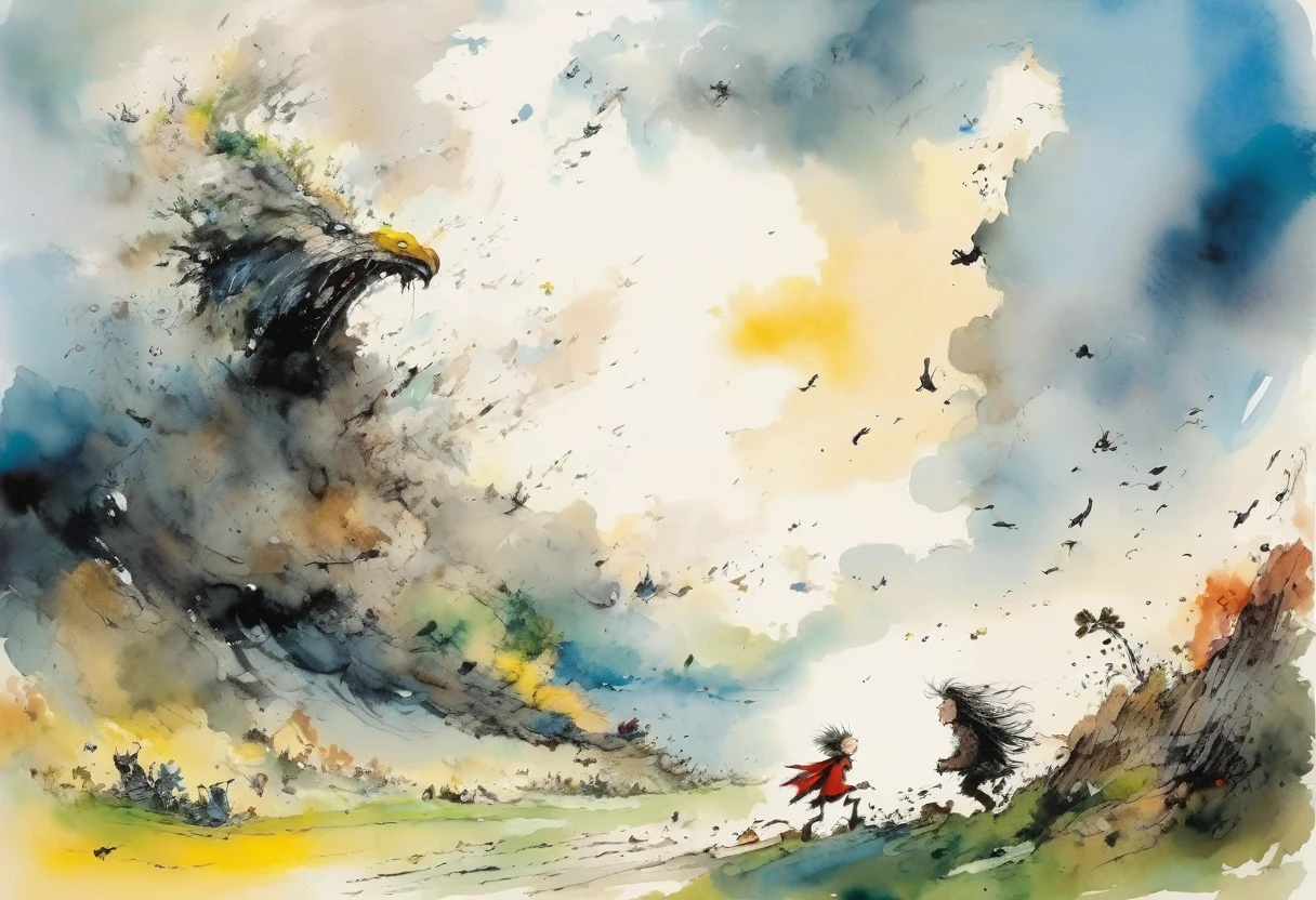 Quentin Blake style photos 、Wind God and Thunder God、Breaking through the clouds、Large、high resolution、Beautiful feces、Top quality、masterpiece、Very detailed