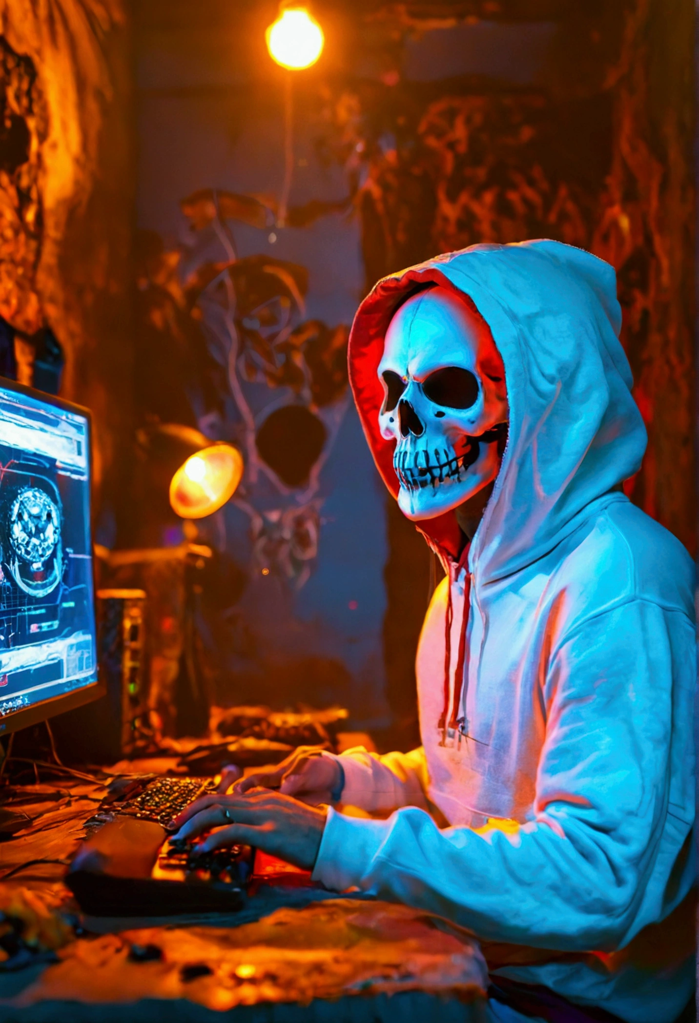 A man with a skull mask in a white hoodie broadcasts a graphic on a computer in a very dark room