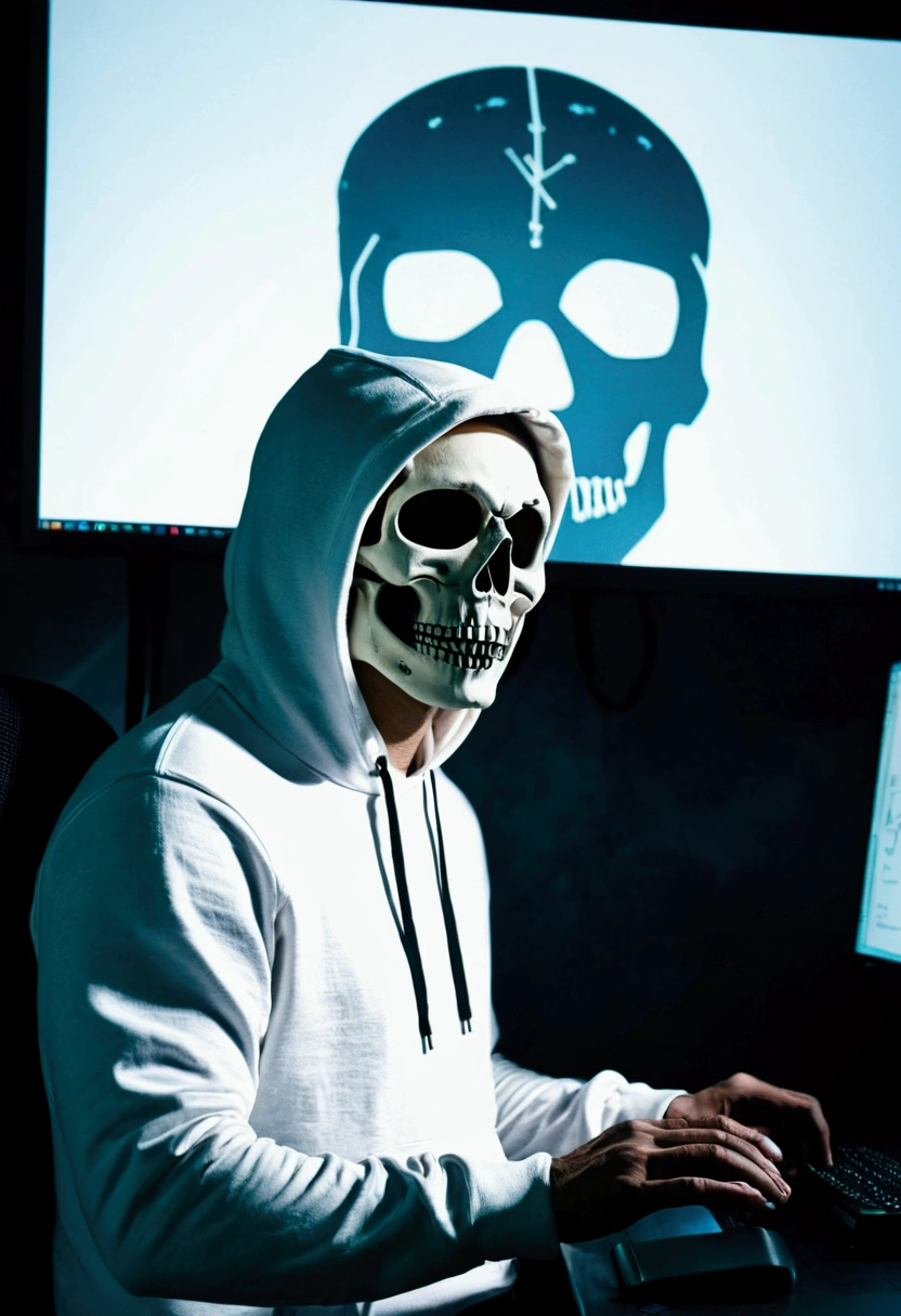 A man with a skull mask in a white hoodie broadcasts a graphic on a computer in a very dark room