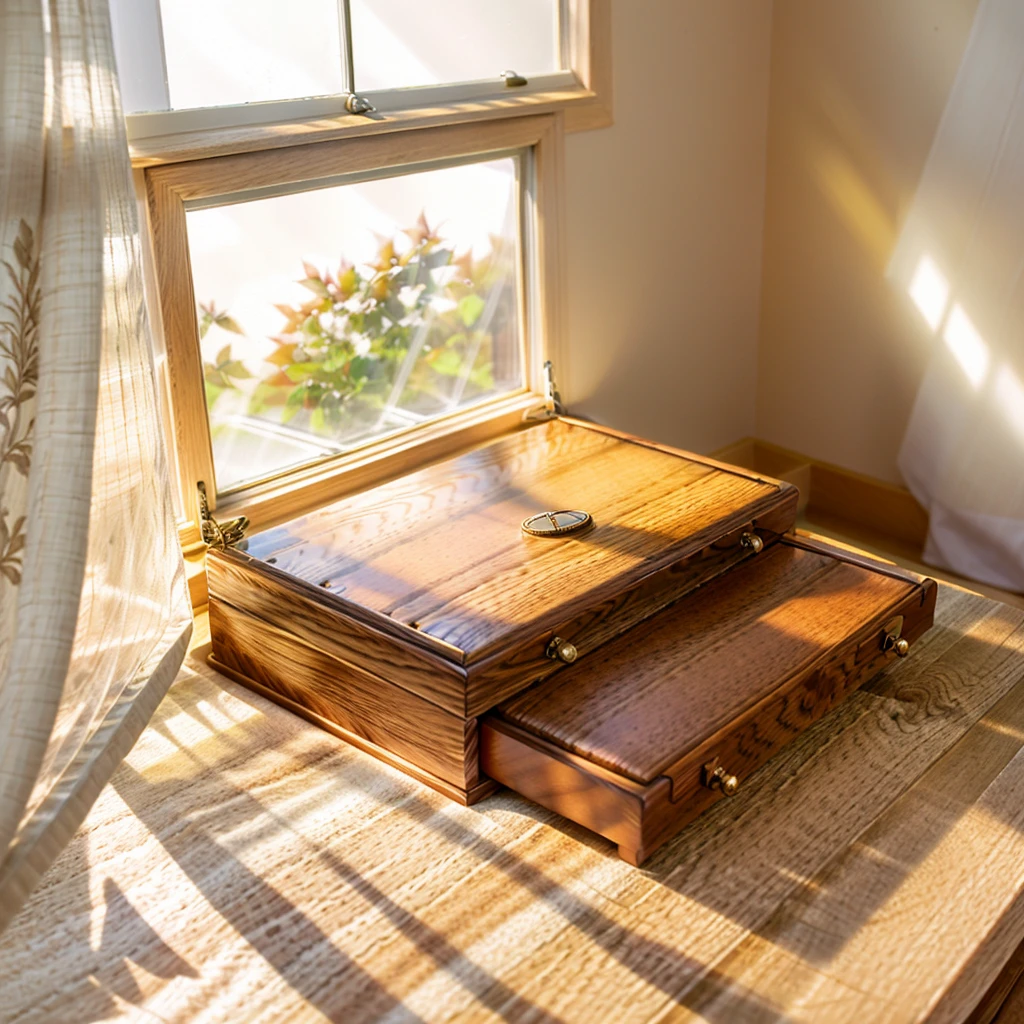 In this cozy room,A ray of sunlight shone on the table through the half-drawn curtains,Let the wood grain on the watch storage case shine with a faint sheen。There is a calm and serene atmosphere in the surrounding air。Several still lifes hang on the walls of the room,It adds a touch of elegance to the space。And on the other side of the room,A half-open window lets the breeze blow in,The pages on the small desk by the window flipped in the wind,This quiet scene gives a sense of tranquility and comfort。