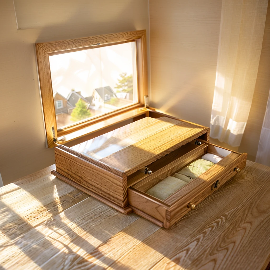 In this cozy room，A ray of sunlight shone on the table through the half-drawn curtains，Let the wood grain on the watch storage case shine with a faint sheen。There is a calm and serene atmosphere in the surrounding air。Several still lifes hang on the walls of the room，It adds a touch of elegance to the space。And on the other side of the room，A half-open window lets the breeze blow in，The pages on the small desk by the window flipped in the wind，This quiet scene gives a sense of tranquility and comfort。