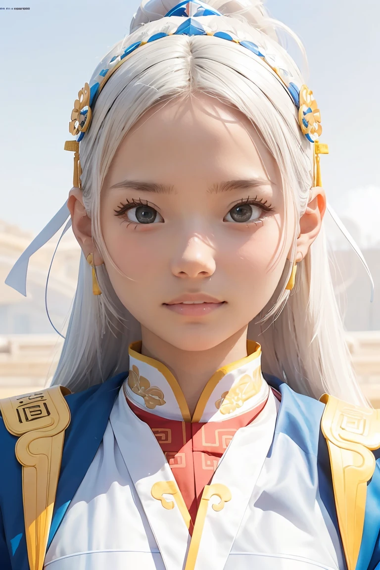 A girl, ancient Chinese costume, whole body, sunshine, clear face, clean white background, masterpiece, super detail, epic composition, ultra HD, high quality, extremely detailed, official art, uniform 8k wallpaper, super detail, 32k