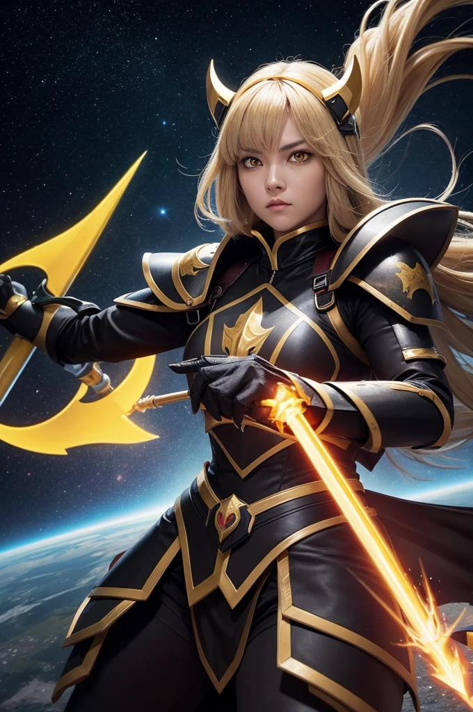 A woman with deeply yellow eyes, dressed in a black mediaeval tokusatsu armour, wielding a spear, fighting in a space battle.