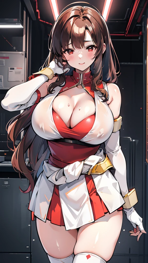 18 year old girl，，brown hair，curls，Zhangzui smile，Huge breasts，Cleavage，Transparent red sleeveless top，Leave space in the middle to reveal Cleavage，Soaked all over，blush，Red eyes，female spy，red miniskirt，White gloves，White hand sleeves，White boots，Science fiction，future，Inside the robot warehouse，robot driver，He has a pistol hanging from his waist，Lipstick，Nipples exposed，Wear a mecha belt around your waist，Wear a mecha on your arm