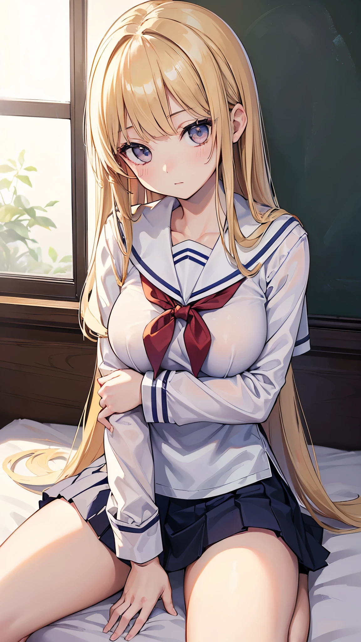 (masterpiece: 1.3、Highest quality、Ultra-high resolution、Very detailed)、(Real、Photorealistic: 1.4)、Beautiful illustrations、Perfect lighting、Natural light、Depth of the Boundary、Beautifully detailed hair、Beautifully detailed face、Beautiful details、Beautiful body、Beautiful thighs、Beautiful legs、Beautiful Hands、Show to the viewer、((((One Girl))))、Very cute girl、(Perfect Anatomy、Anatomically correct)、Cute and symmetrical face、Baby Face、Perfect Face、Perfect Eyes、Shiny skin、((On the bed))、(((Sitting on the floor)))、((Sailor suit))、(((女子school uniform)))、((19-year-old female))、((Long blonde hair、Straight Hair、Thin bangs))、((非常にLarge Breasts))、(((Large Breasts)))、((Realな質感の焼けた複数))、(live-action、Exquisite details))、(((school uniform)))、((Big black eyes))、((Open your legs a little))、((Cool Beauty))、Cowboy Shot