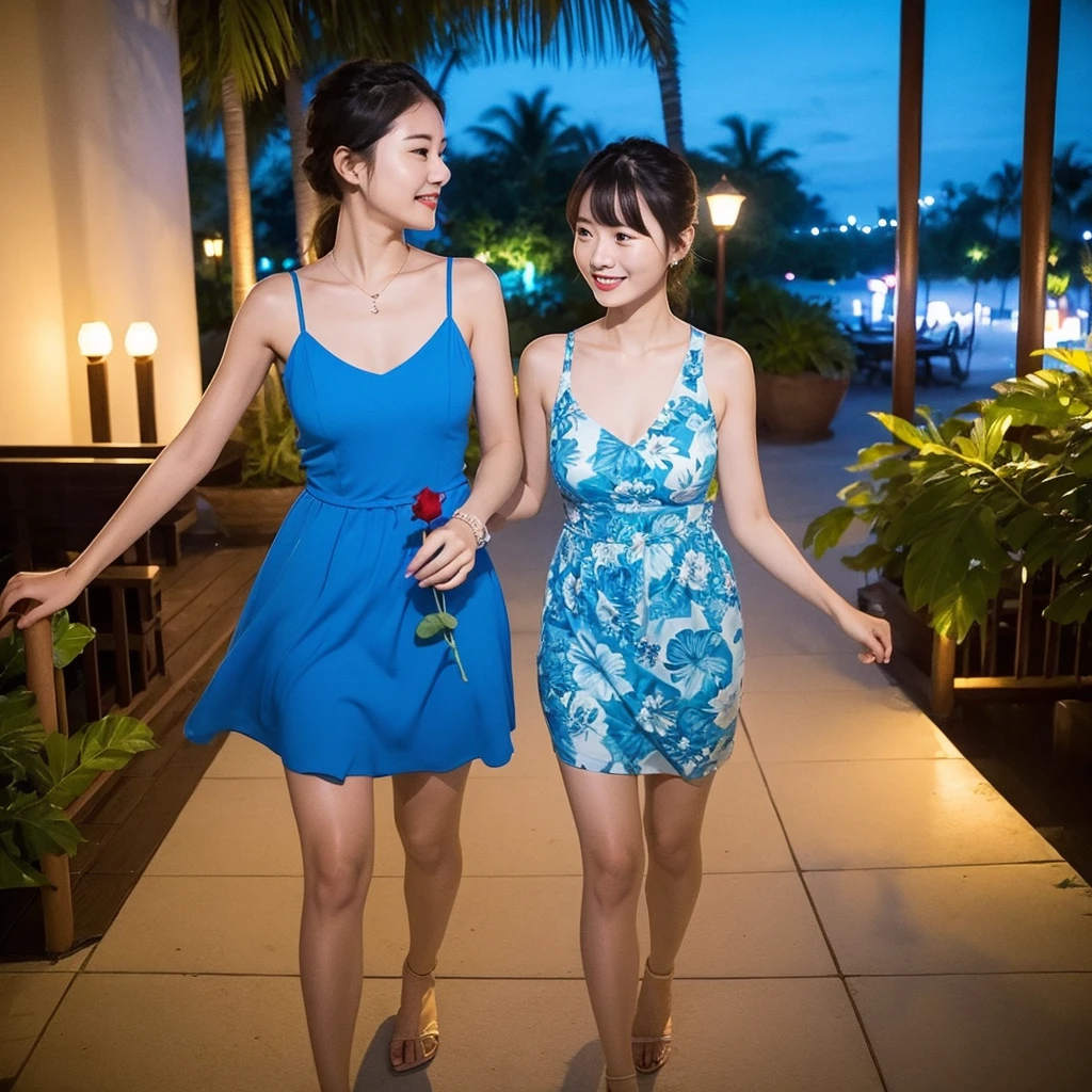 Wearing a blue dress、Woman enjoying vacation at a tropical resort at night。With a red rose in my hand。