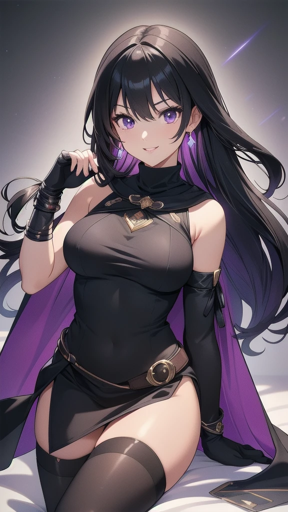 masterpiece, best quality, 1 solo girl, black hair, purple eyes, long hair, medium breasts, sexy body and face, wavy hair, smile, parted lips, gradient clothes, dress, elbow gloves, sleeveless, bare shoulders, cape, boots, bracelet, sleeveless dress, ribbon, black gloves, turtleneck, short dress, pantyhose, black footwear, night, sexy pose, cowboy shots, detailed body, face, and eyes, sharp focus, vibrant, creative, dynamic, high definition, high resolution, 8k, (Upscale: R-ESRGAN 4x+ Anime6mage enchance:4x), voluptuous body, cinema lightning, dakimakura style, looking at the viewer,